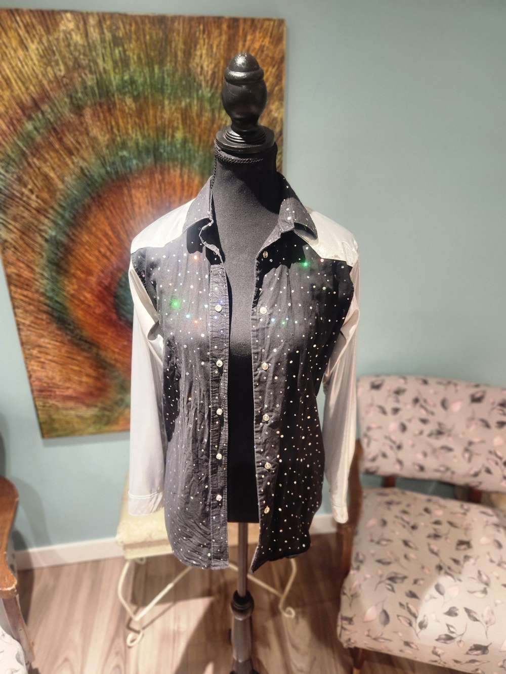 Women's Black and White Long Sleeve Button-Up Top with Stud Detail